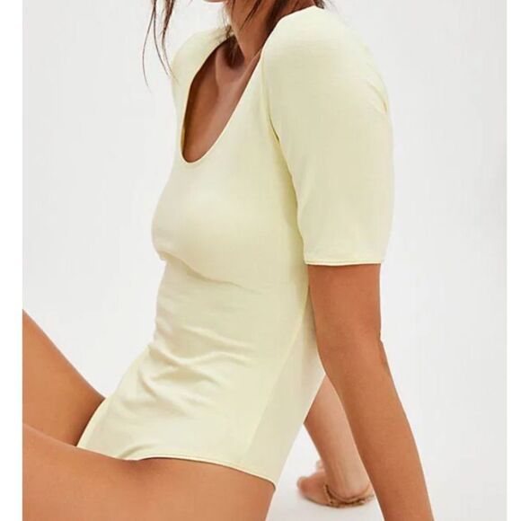 NWOT Free People High Noon Bodysuit Yellow Short Sleeves Scoop Neck S Cotton - Picture 3 of 15